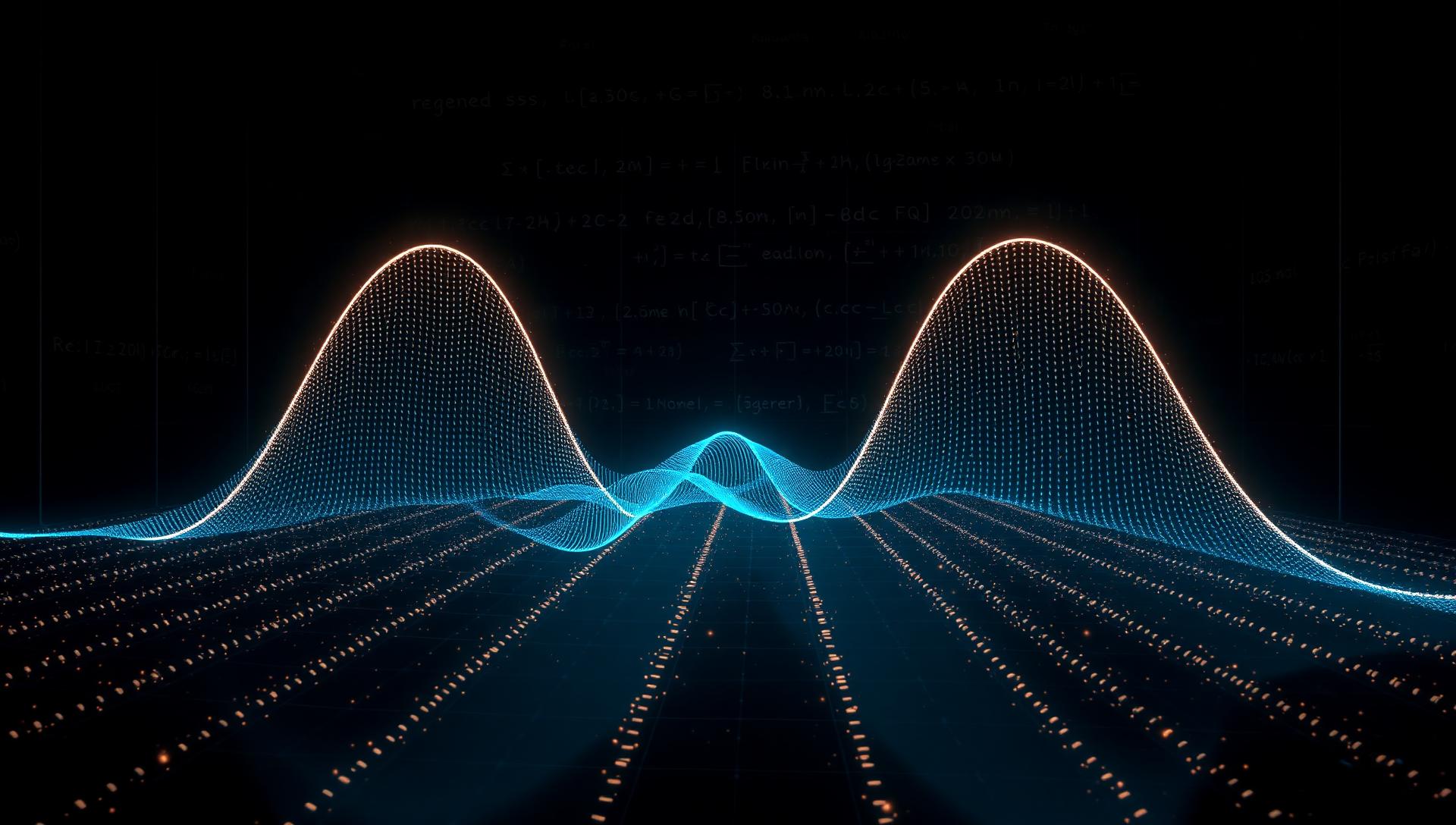 Two glowing sine waves converging in a copper interference pattern