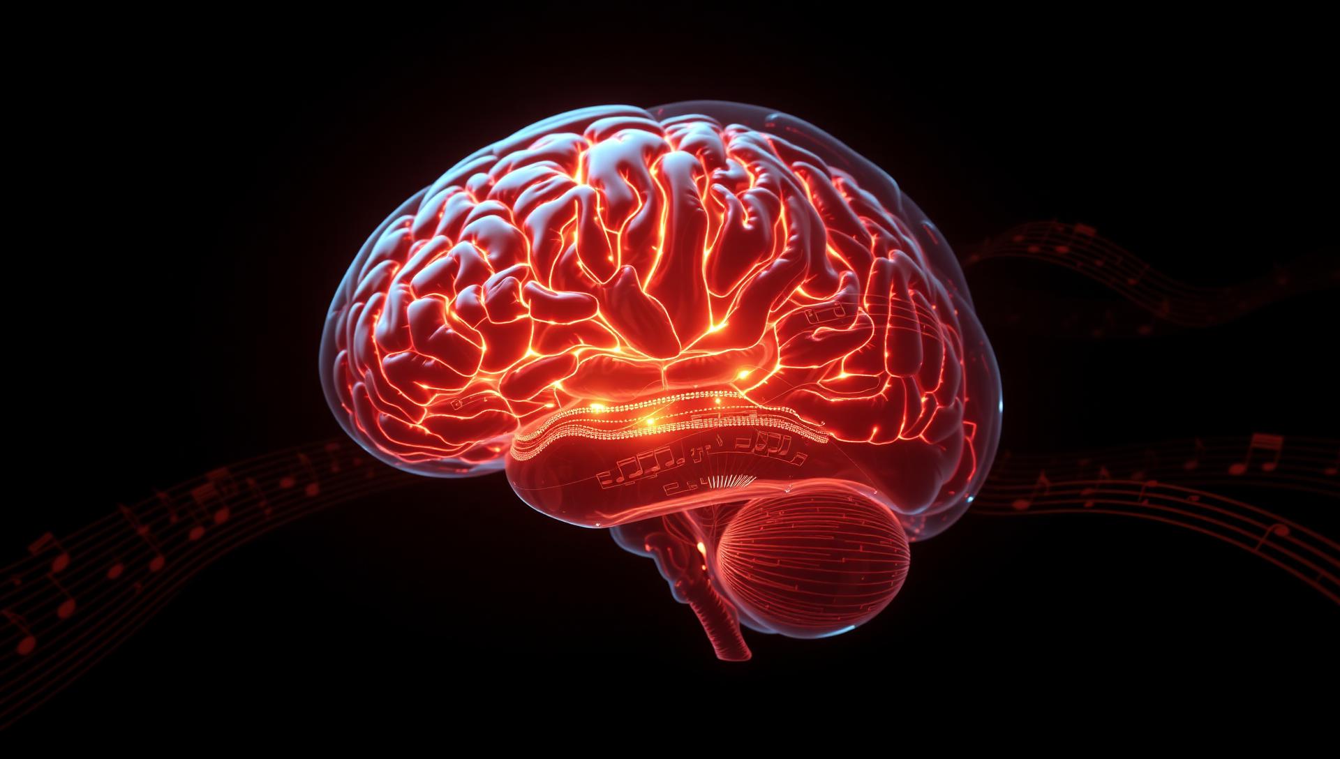Glowing limbic system with musical notation flowing around a brain
