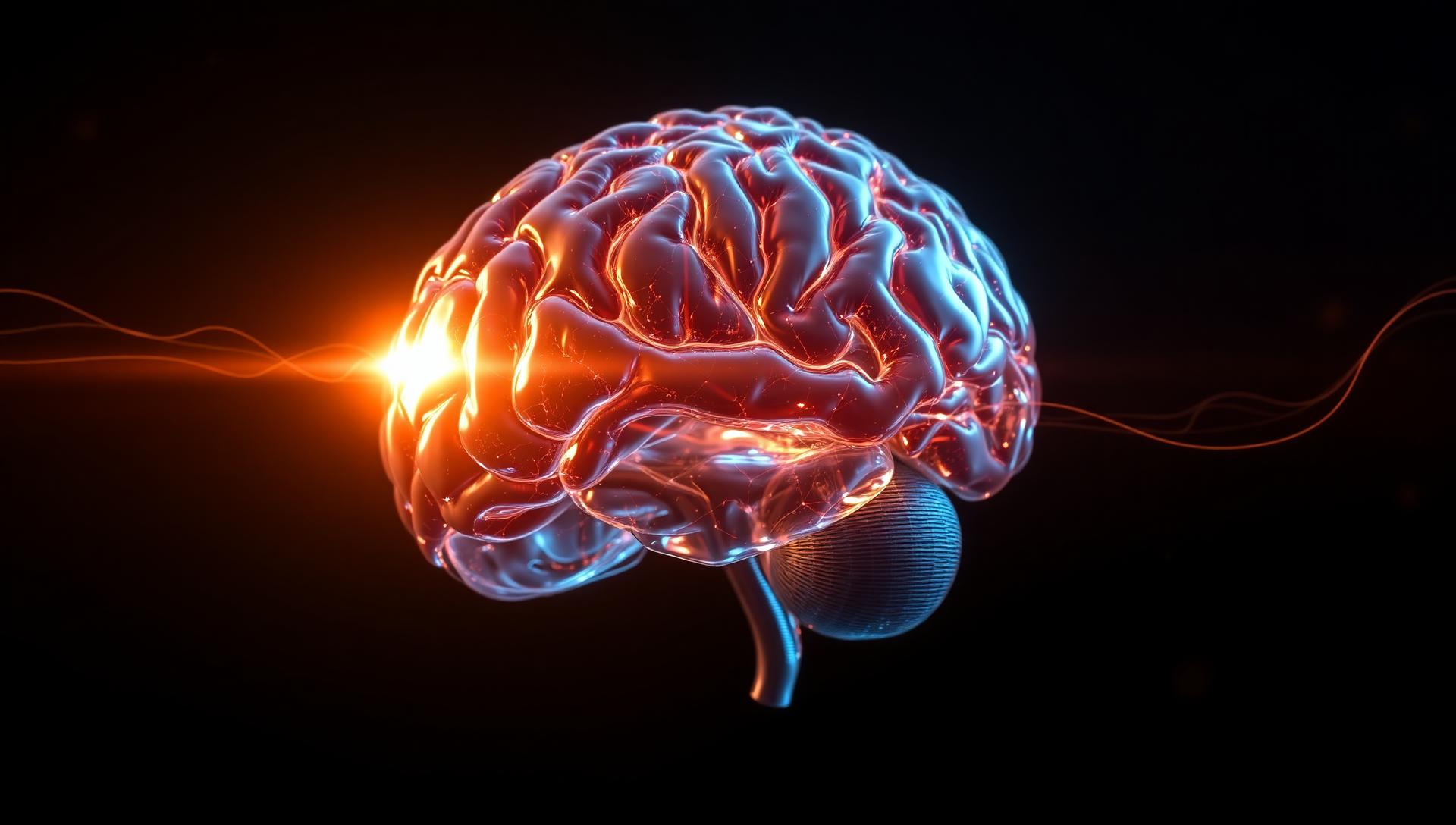Luminous translucent brain with sound waves streaming through neural pathways
