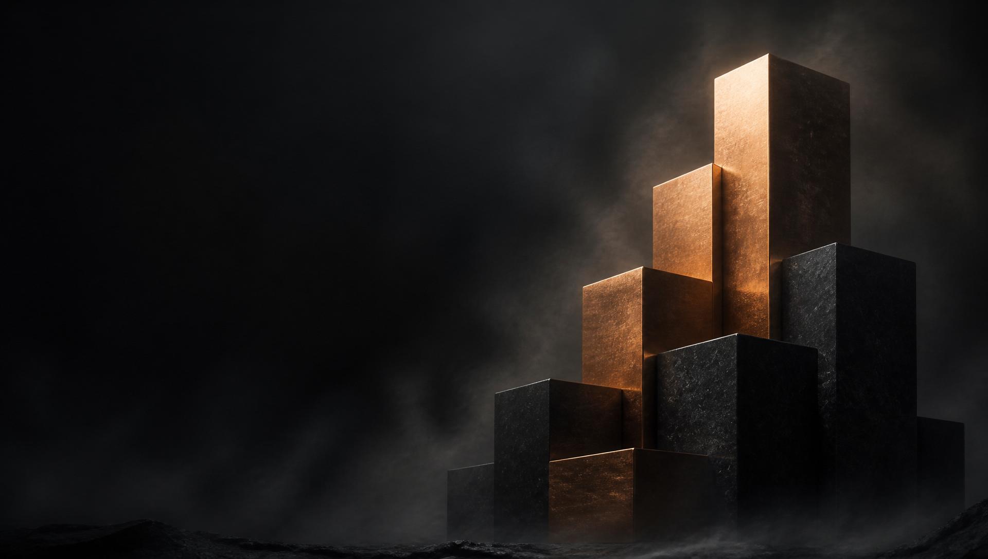 Stacked copper and obsidian monoliths in dramatic light