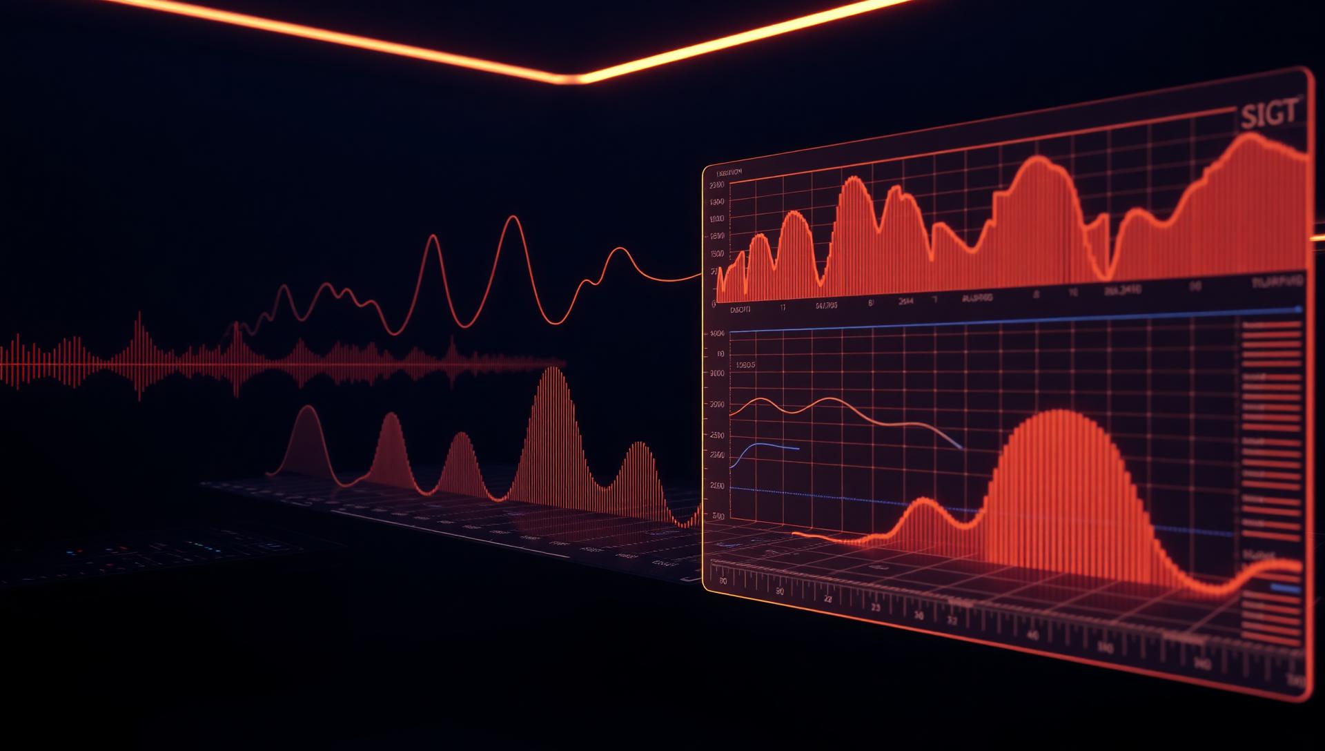 Holographic waveform and spectrum charts in a copper-lit studio