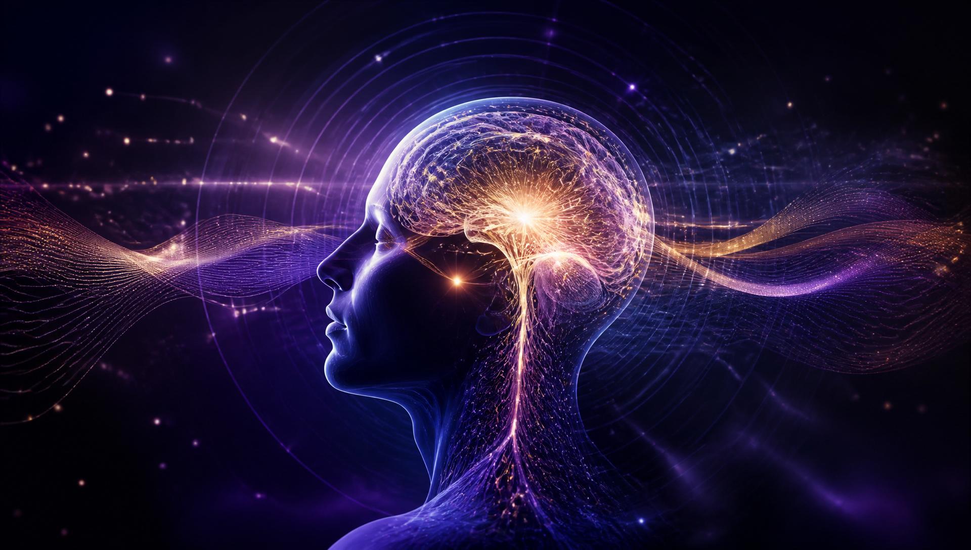 Luminous sound waves flowing through a human silhouette with glowing neural pathways