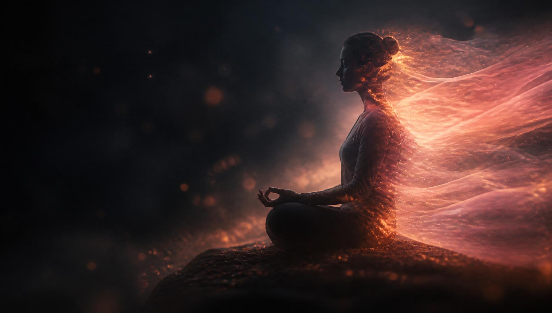 Meditating silhouette dissolving into warm amber light