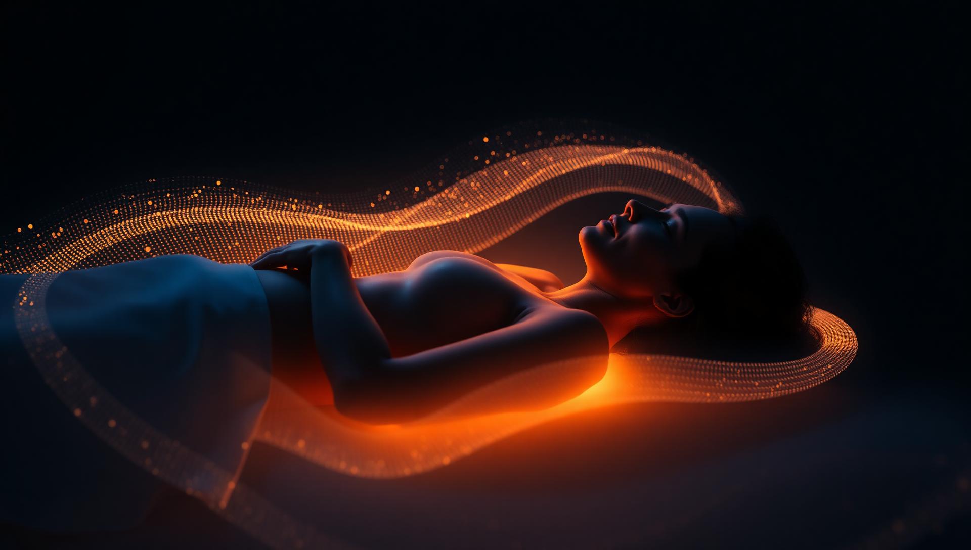 Person reclining in warm copper light with luminous sound waves flowing around them