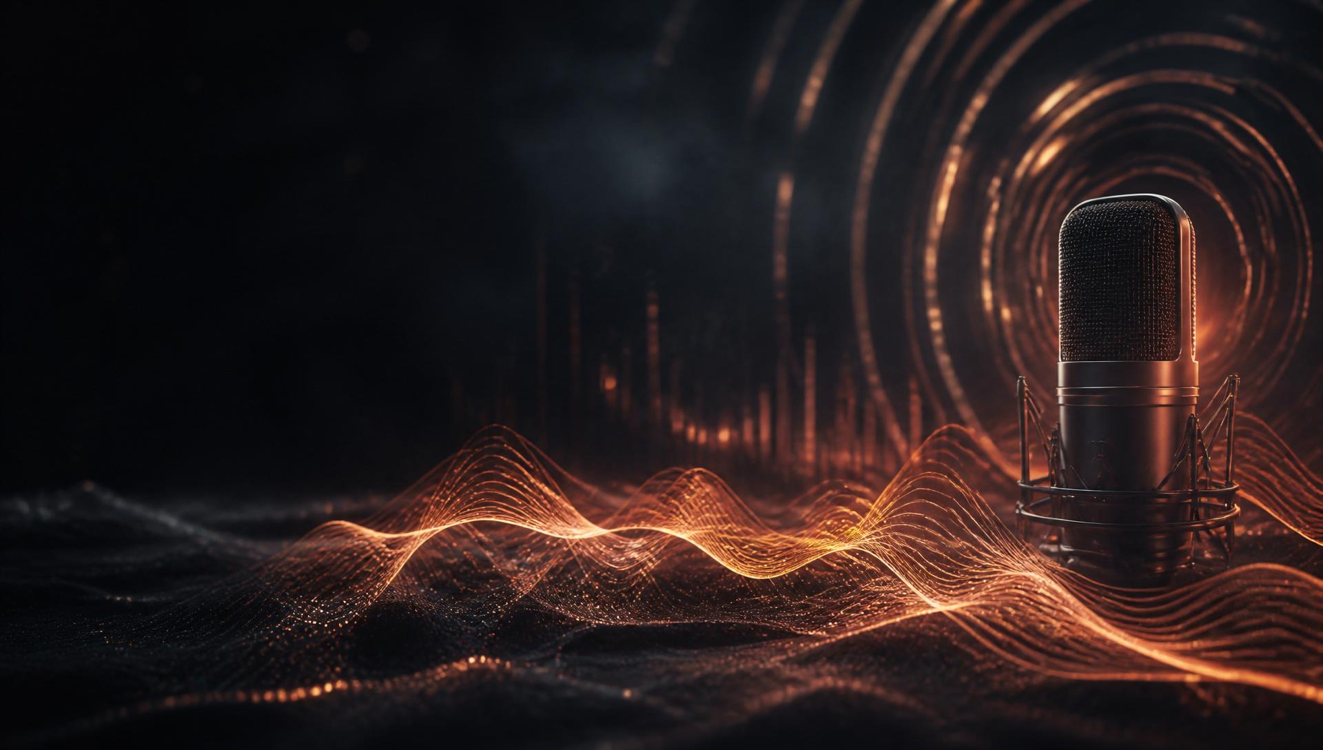 Copper waveforms radiating from a studio microphone in the dark