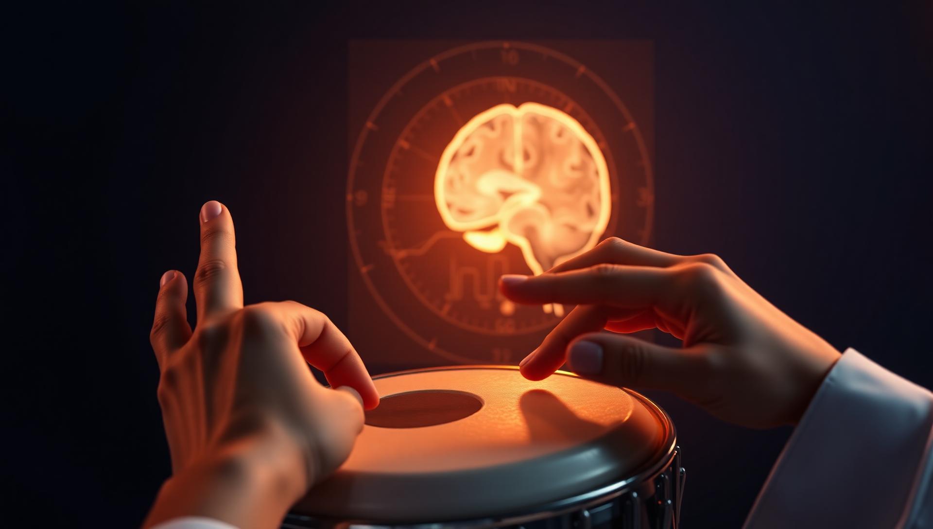 Music therapist's hands playing a hand drum beside a brain scan hologram